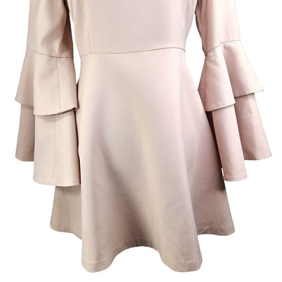 FEW MODA Blush Beige Fit Flare Bishop Sleeve Choker Dress - Picture 6 of 7